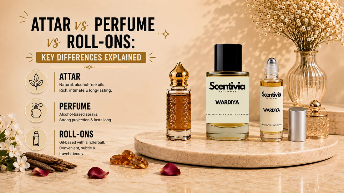 Educational fragrance guide comparing natural alcohol-free attar oils, alcohol-based perfume sprays with strong projection, and convenient oil-based roll-ons with a rollerball applicator.