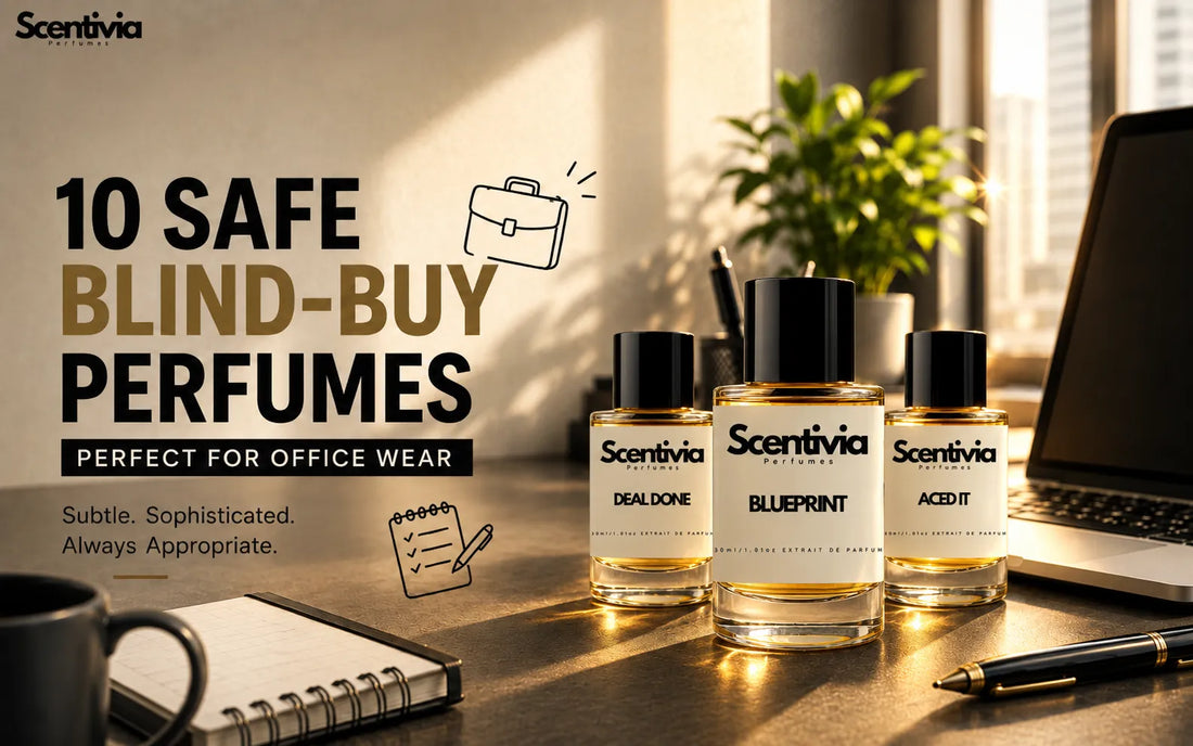 Scentivia office wear perfume banner showcasing Deal Done, Blueprint, and Aced It fragrance bottles on a corporate desk setting.