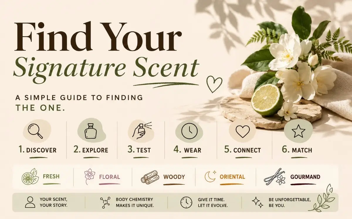 Signature scent guide infographic displaying perfume selection steps alongside popular fragrance families like floral, woody, and fresh.