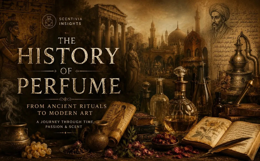 Scentivia Insights history of perfume graphic showcasing vintage perfume bottles, ancient scrolls, and architectural elements from historical fragrance cultures.