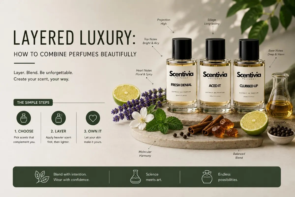 Scentivia Perfumes fragrance layering infographic showcasing three perfume bottles with key ingredients like lime, cinnamon, and lavender on a stone platter.