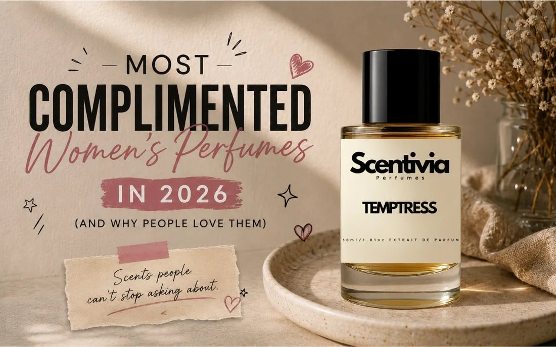 Scentivia Temptress perfume bottle displayed on a women's fragrance banner for most complimented scents.