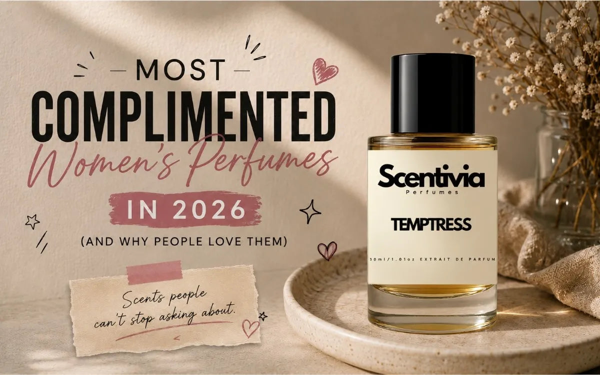Scentivia Temptress perfume bottle displayed on a women's fragrance banner for most complimented scents.