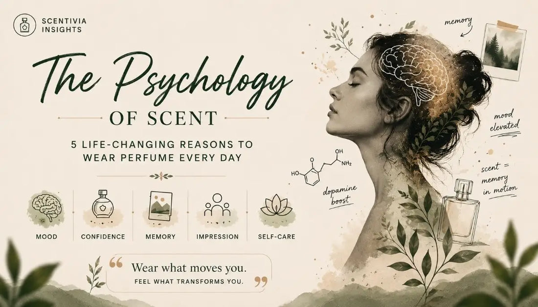 Scentivia Insights infographic titled The Psychology of Scent: 5 Life-Changing Reasons to Wear Perfume Every Day. Features an artistic silhouette of a woman highlighting mood, confidence, memory, impression, and self-care benefits.