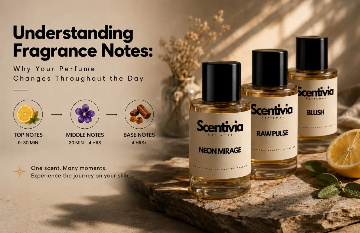 Luxury Scentivia perfume bottles with fragrance note illustrations in a warm editorial-style blog cover design.