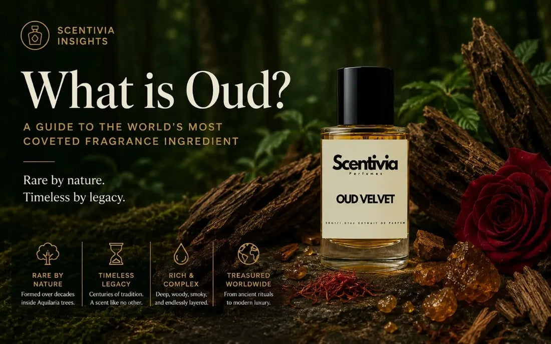 Scentivia Oud Velvet perfume bottle displayed on an educational infographic banner detailing the origins and aromatic notes of luxury oud fragrance.