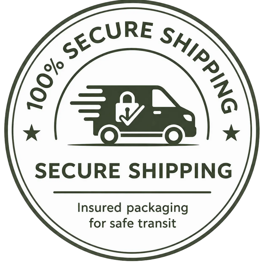 A circular, dark green stamp badge featuring a delivery truck graphic in the center containing a shield with a padlock and a checkmark. The curved text along the top edge reads "100% SECURE SHIPPING," flanked by stars. The center bold text reads "SECURE SHIPPING," with a tagline below that reads, "Insured packaging for safe transit."