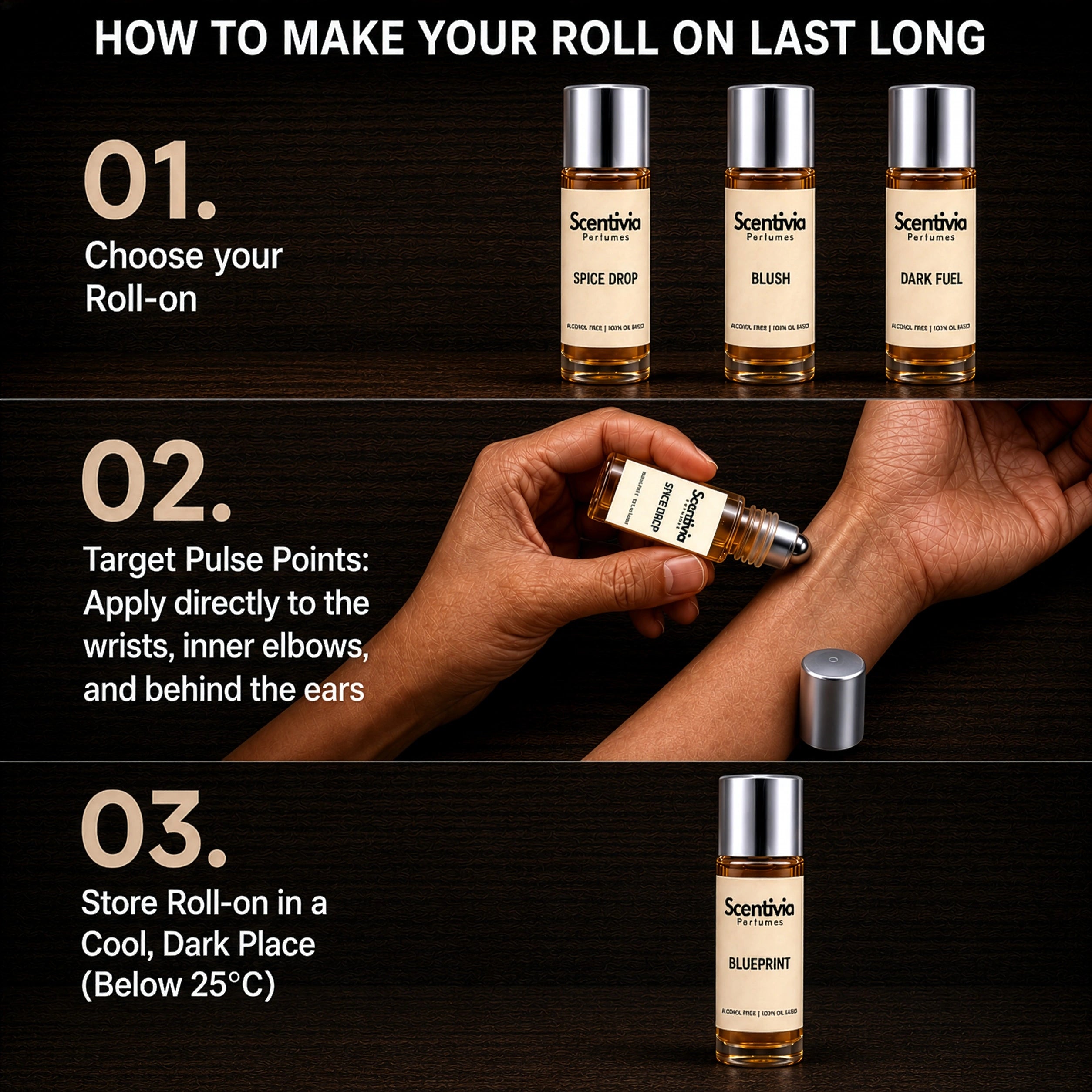 Guide showing how to apply Scentivia Roll Ons on pulse points and store fragrances properly for longer lasting scent