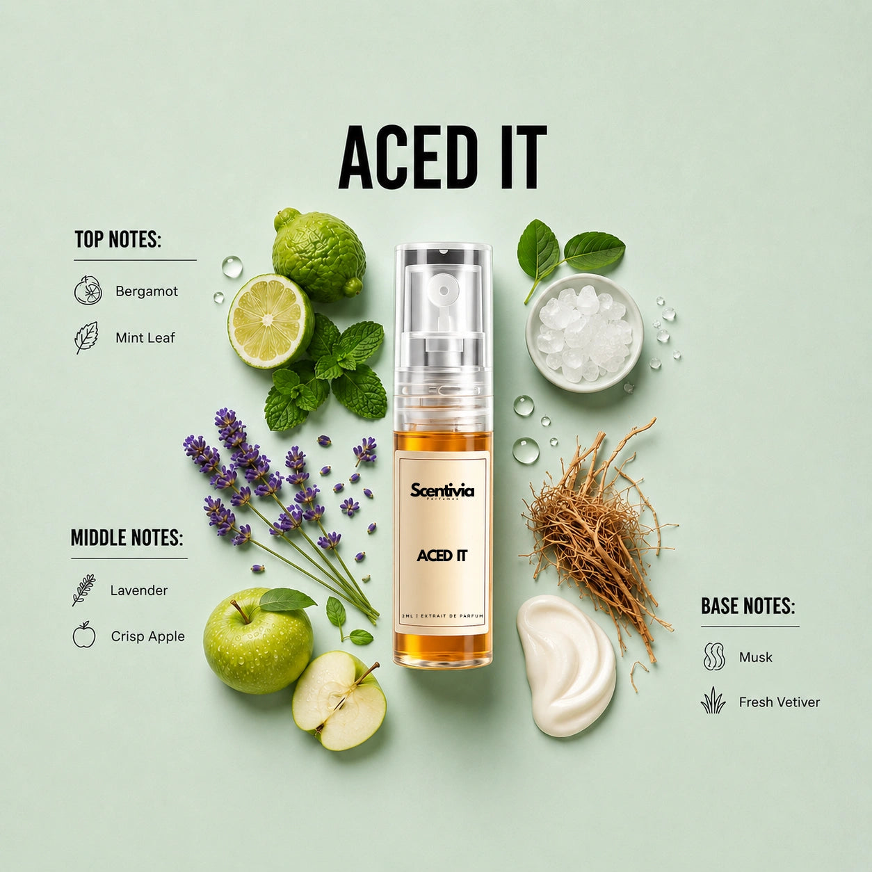 Aced It 2ML perfume bottle by Scentivia Perfumes with bergamot, mint leaf, lavender, apple, musk and vetiver