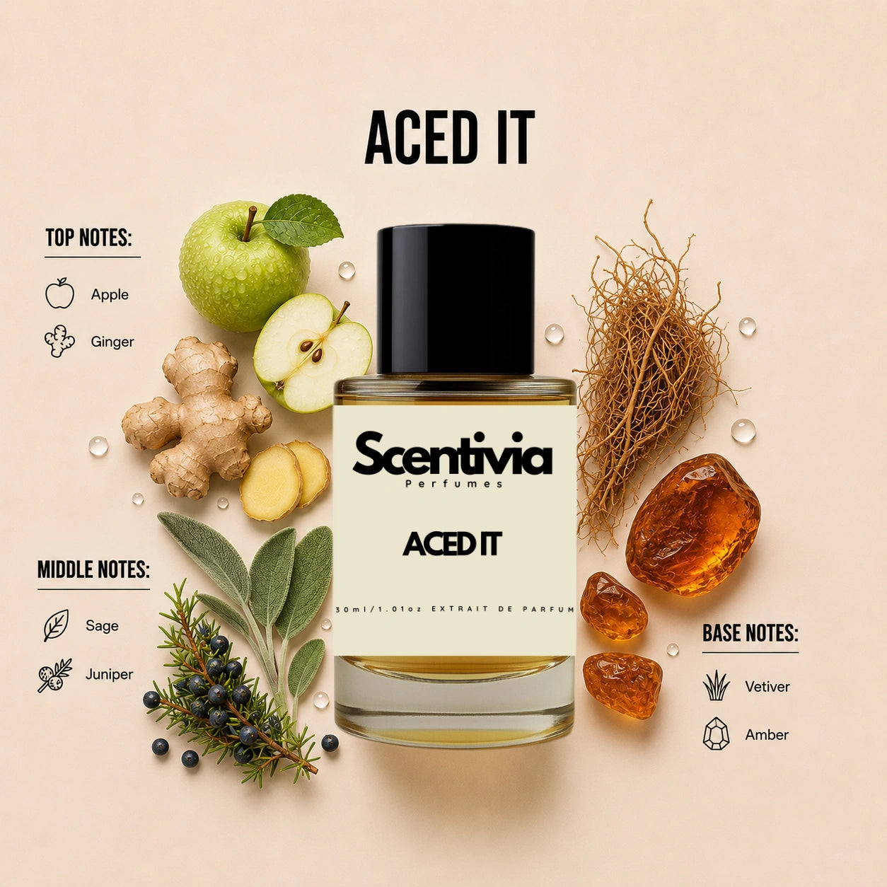 Scentivia Aced It perfume breakdown showing top, middle, and base notes including apple, ginger, sage, juniper, vetiver, and amber around the bottle.