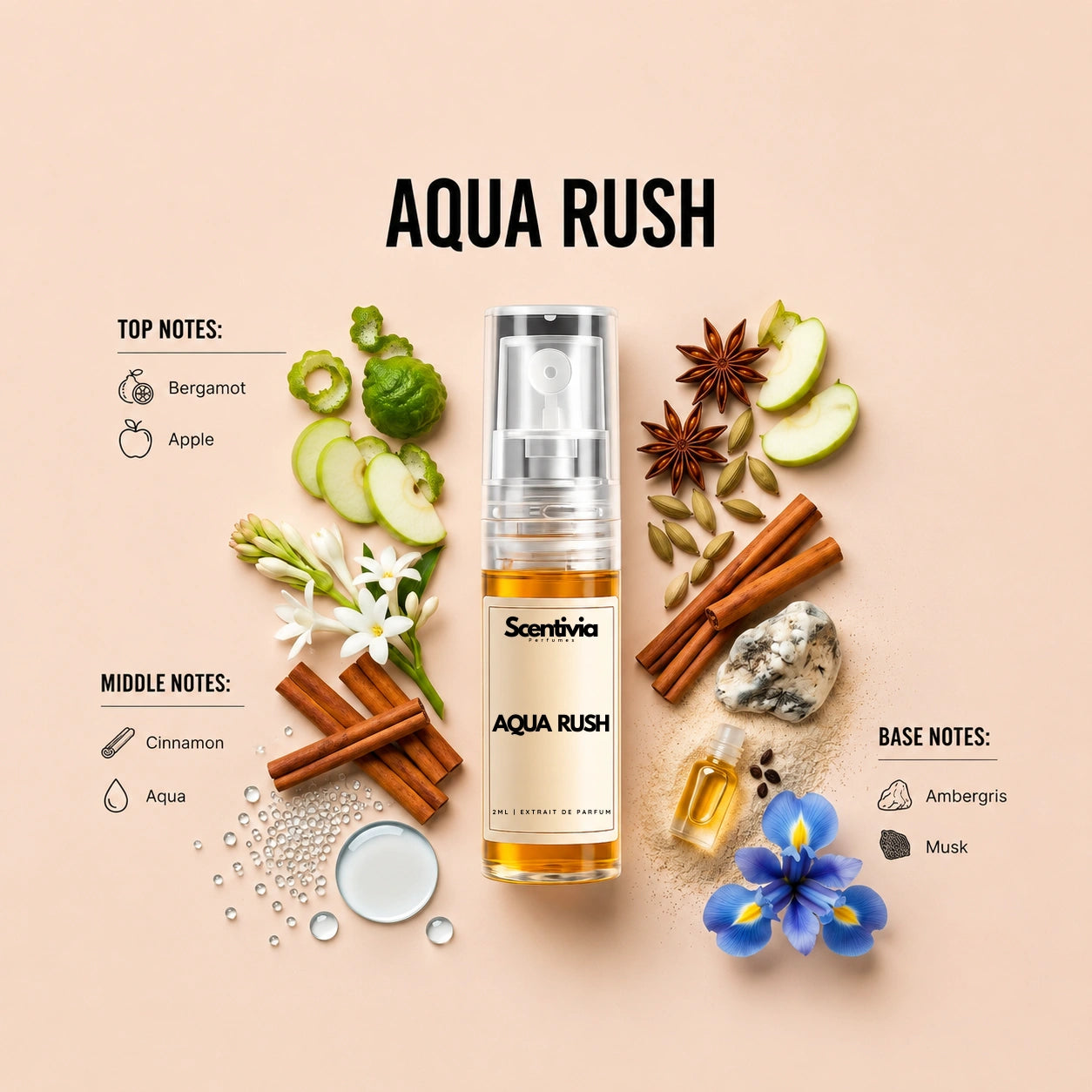 Aqua Rush 2ML perfume bottle by Scentivia Perfumes with Bergamot, Apple, Cinnamon, Aqua, Ambergris and Musk