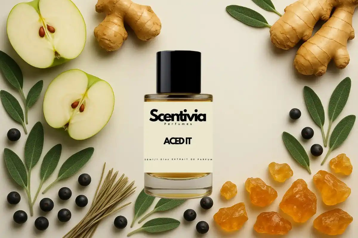 Scentivia Aced It perfume bottle arranged flat on a light cream surface surrounded by halved green apples, whole ginger roots, fresh sage leaves, dark berries, a bundle of dried grass, and pieces of golden amber resin.