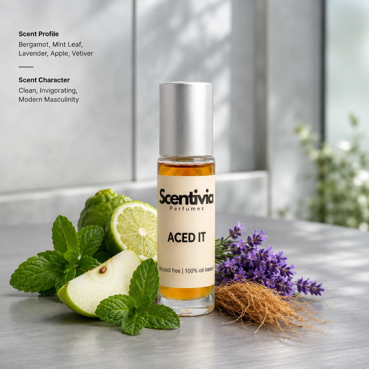 Aced It roll on bottle with Bergamot, Mint, Lavender, Apple and Vetiver in modern setting. Character: Clean, Invigorating