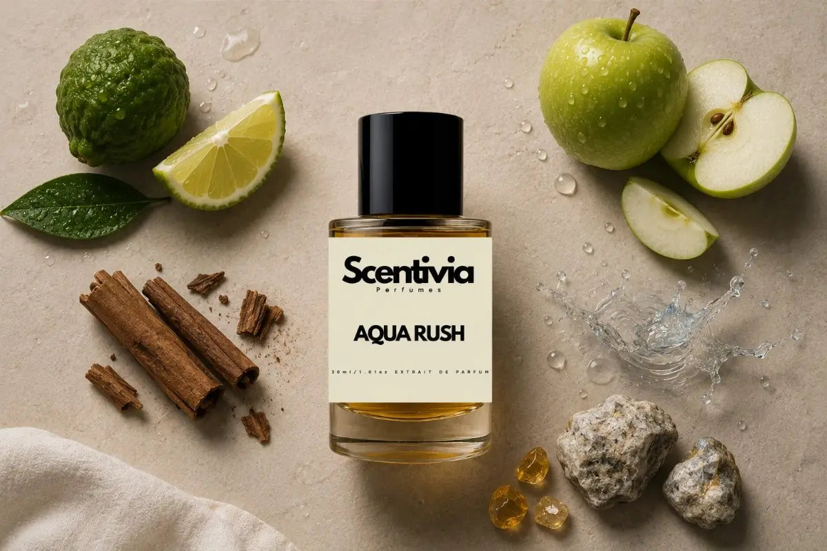 Scentivia Aqua Rush perfume bottle surrounded by a rough bergamot citrus fruit, a lime wedge, a whole green apple next to sliced pieces, cinnamon sticks, a splash of clear water, small stones, and amber crystals on a textured beige surface.