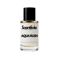 Perfume bottle with black cap and clear glass, Scentivia Aqua Rush