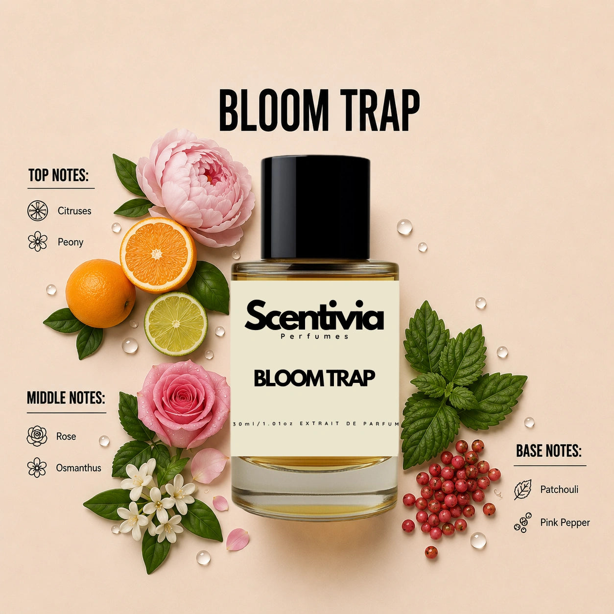 Scentivia Bloom Trap perfume breakdown showing top, middle, and base notes including citruses, peony, rose, osmanthus, patchouli, and pink pepper around the bottle.