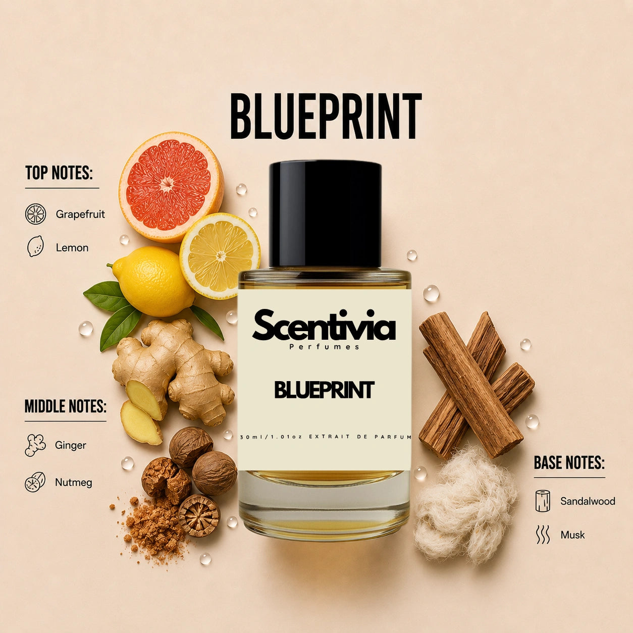 Scentivia Blueprint perfume breakdown showing top, middle, and base notes including grapefruit, lemon, ginger, nutmeg, sandalwood, and musk around the bottle.