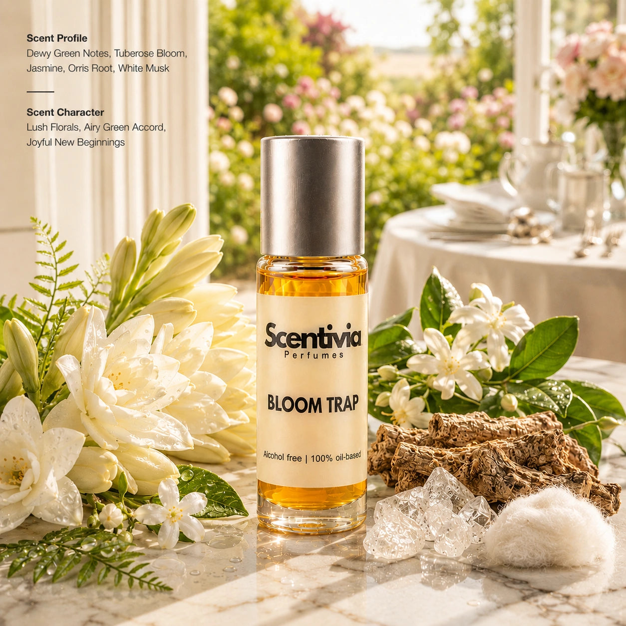 Bloom Trap roll on bottle with Tuberose, Jasmine, Orris Root and White Musk in bright floral setting. Character: Floral, Fresh