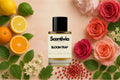 Scentivia Bloom Trap perfume bottle arranged flat on a light peach surface surrounded by whole and halved citrus fruits, blooming pink and red roses, clusters of small white flowers, and red pink peppercorns.
