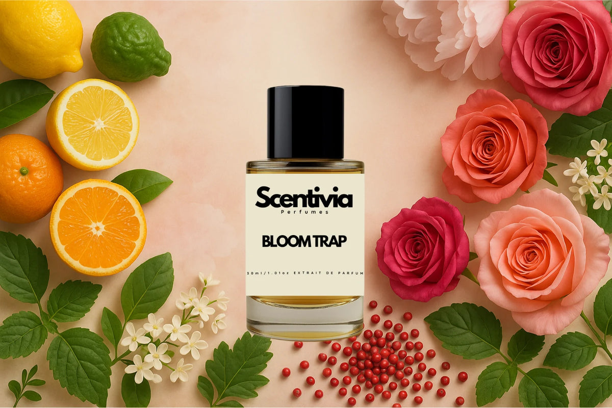 Scentivia Bloom Trap perfume bottle arranged flat on a light peach surface surrounded by whole and halved citrus fruits, blooming pink and red roses, clusters of small white flowers, and red pink peppercorns.