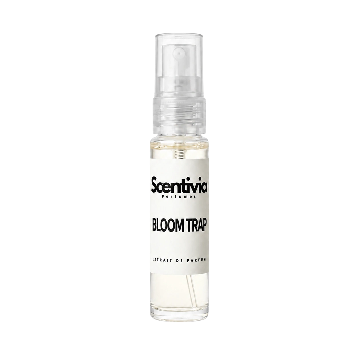 Perfume spray bottle with transparent glass body, Scentiva Bloom Trap label