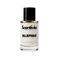 Blueprint perfume bottle with black cap and clear glass, Scentivia label