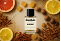 Scentivia Blueprint perfume bottle arranged flat on a warm beige surface surrounded by sliced citrus fruits, whole nutmegs, crystals of candied ginger, and scattered strips of cedarwood or cinnamon bark amid wisps of smoke.