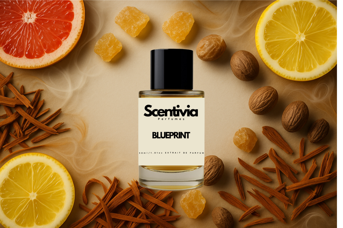 Scentivia Blueprint perfume bottle arranged flat on a warm beige surface surrounded by sliced citrus fruits, whole nutmegs, crystals of candied ginger, and scattered strips of cedarwood or cinnamon bark amid wisps of smoke.