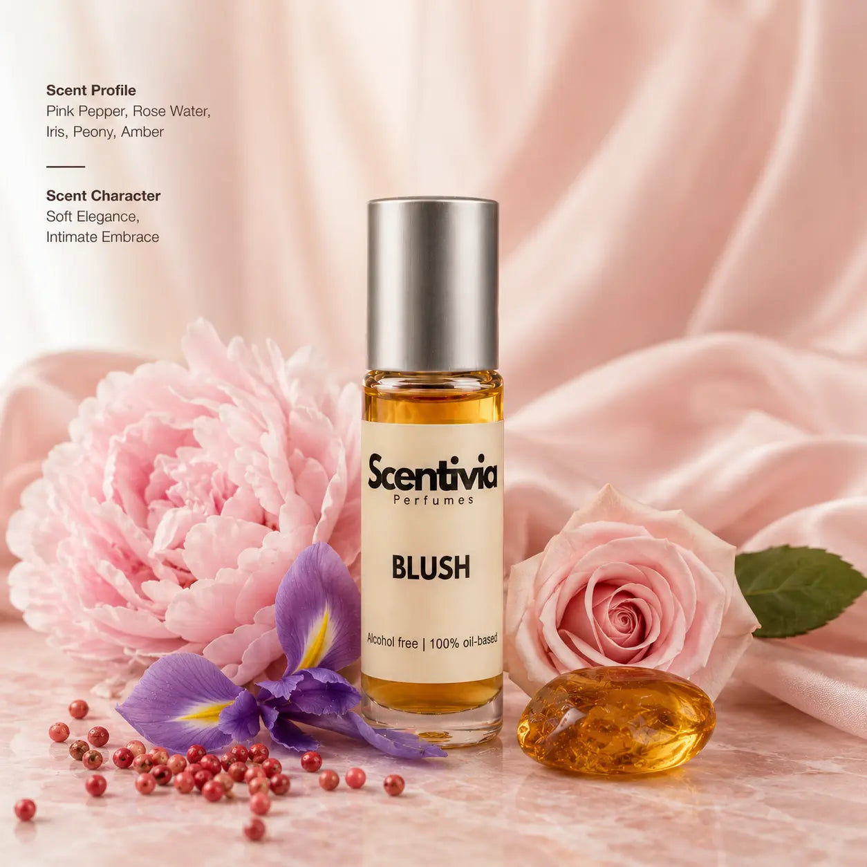 Blush Roll On bottle with Rose Water, Peony, Iris, Pink Pepper and Amber notes alongside scent profile and scent character details
