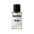 Perfume bottle with black cap and white label reading 'Blush' and Scentivia