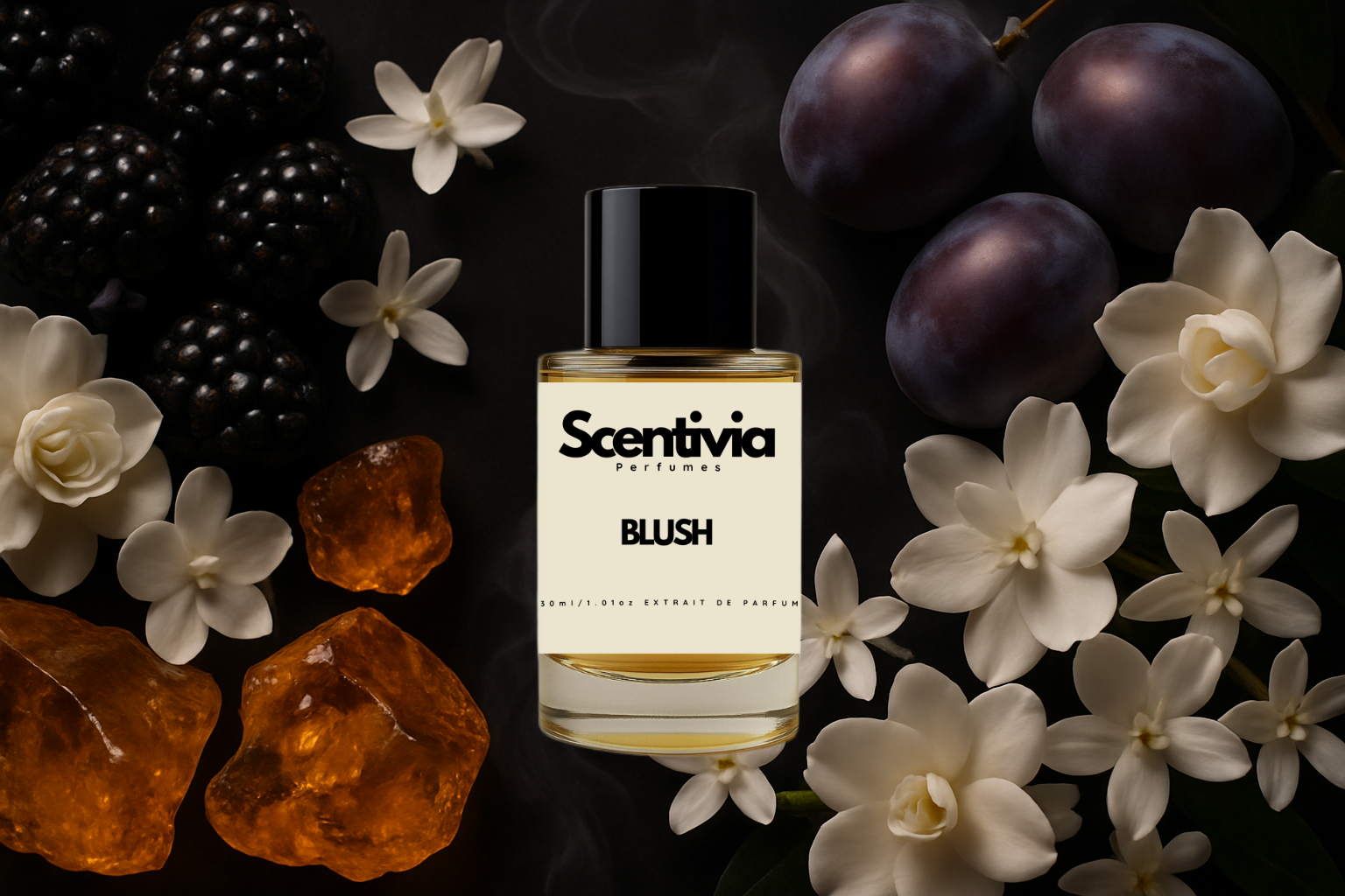 Scentivia Blush perfume bottle surrounded by fresh blackberries, ripe plums, white jasmine flowers, and amber stones on black.