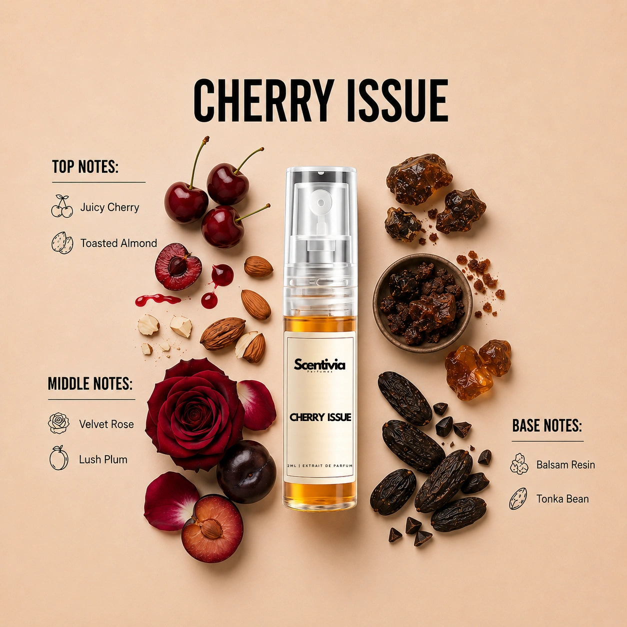 Cherry Issue 2ML perfume bottle by Scentivia Perfumes with cherry, almond, rose, plum, balsam resin and tonka bean