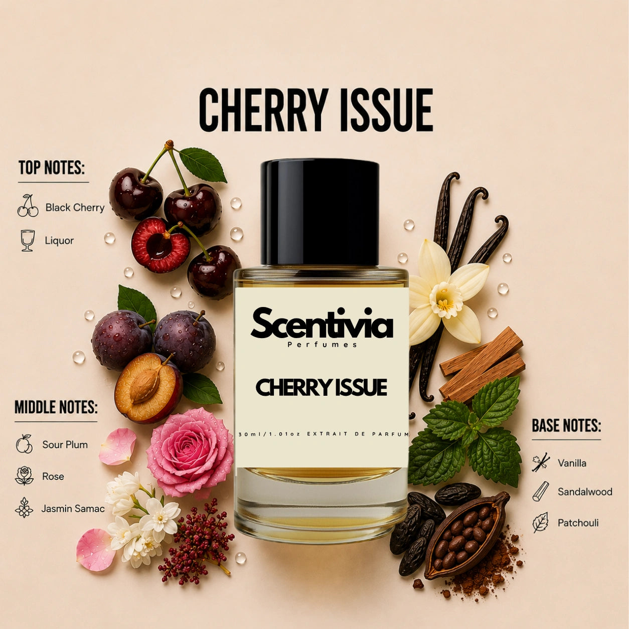 Scentivia Cherry Issue perfume breakdown showing top, middle, and base notes including black cherry, liquor, sour plum, rose, vanilla, and sandalwood around the bottle.