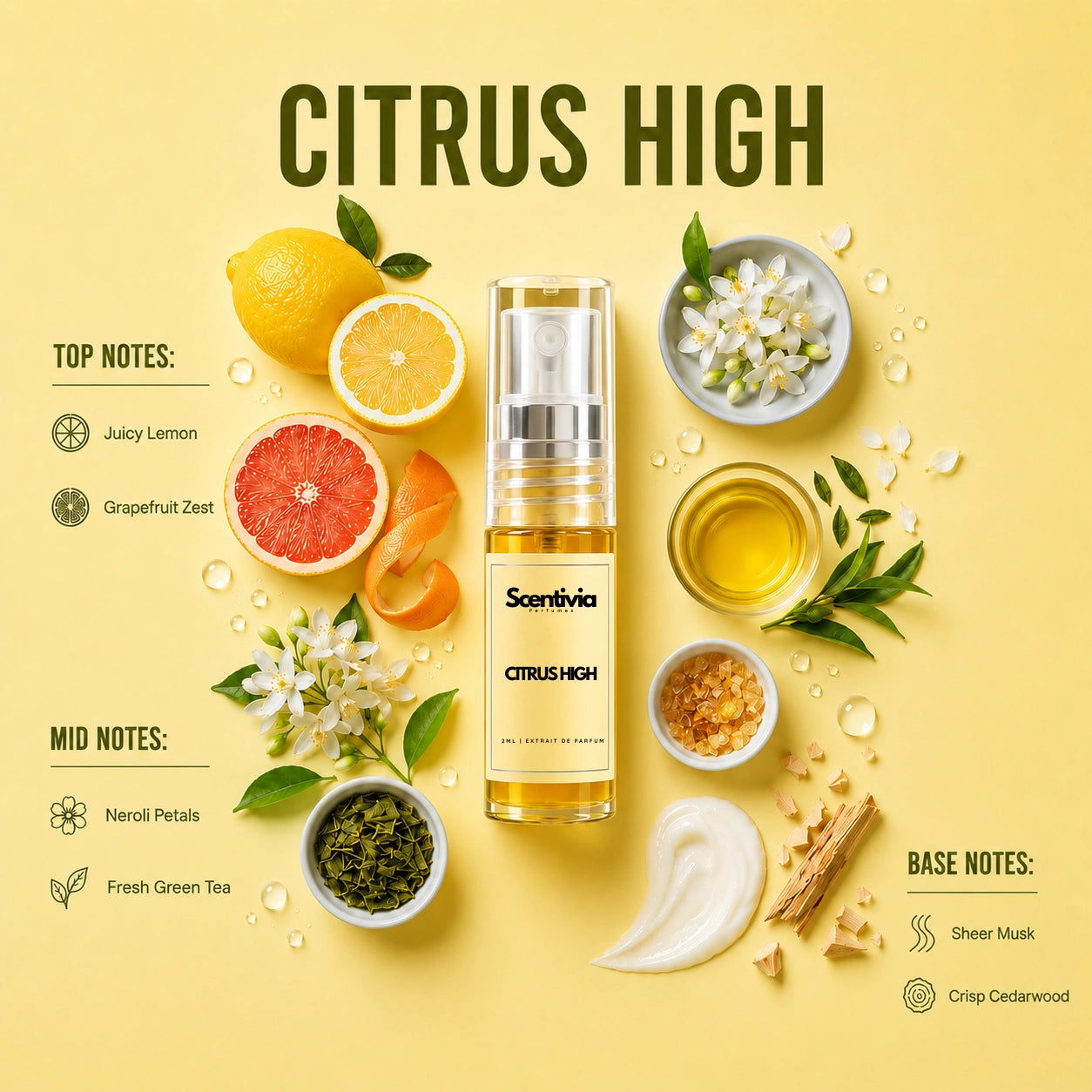 Citrus High 2ML perfume bottle by Scentivia Perfumes with lemon, grapefruit, neroli, green tea, musk and cedarwood