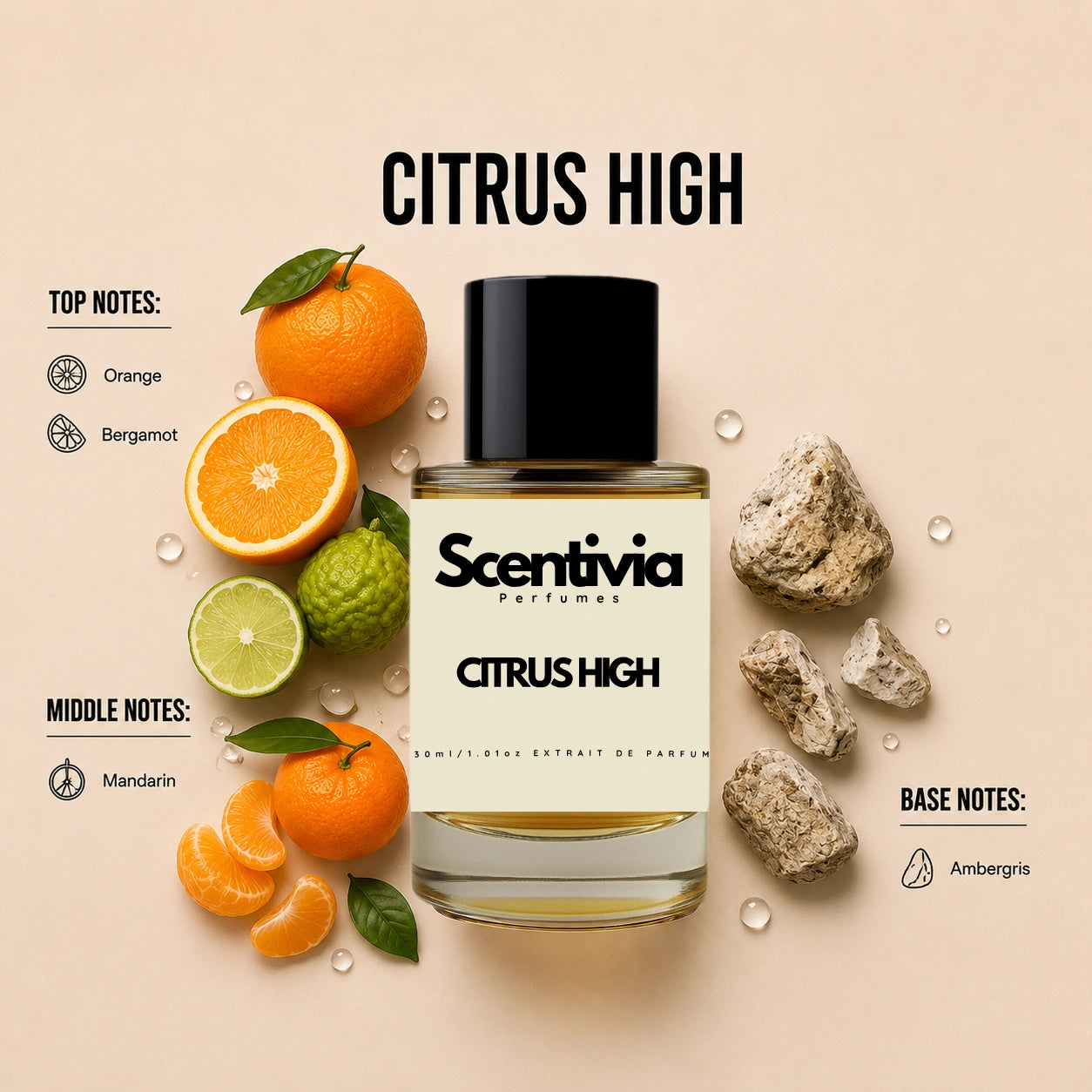 Scentivia Citrus High perfume breakdown showing top, middle, and base notes including orange, bergamot, mandarin, and ambergris around the bottle.