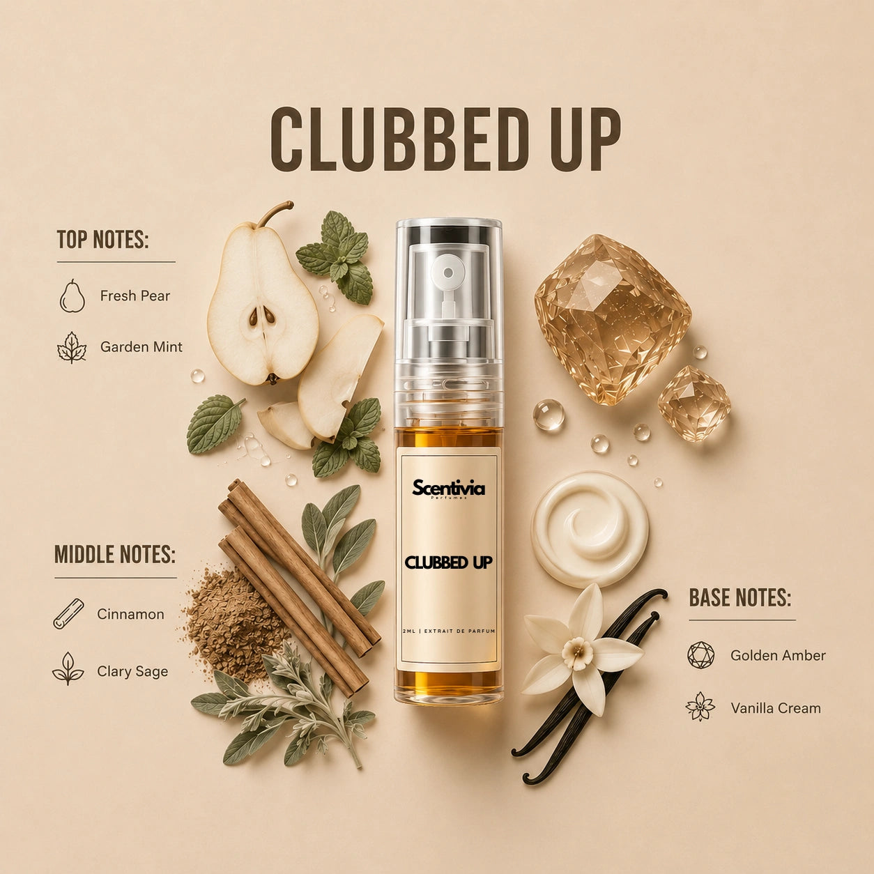 Clubbed Up 2ML perfume bottle by Scentivia Perfumes with fresh pear, garden mint, cinnamon, clary sage, amber and vanilla cream