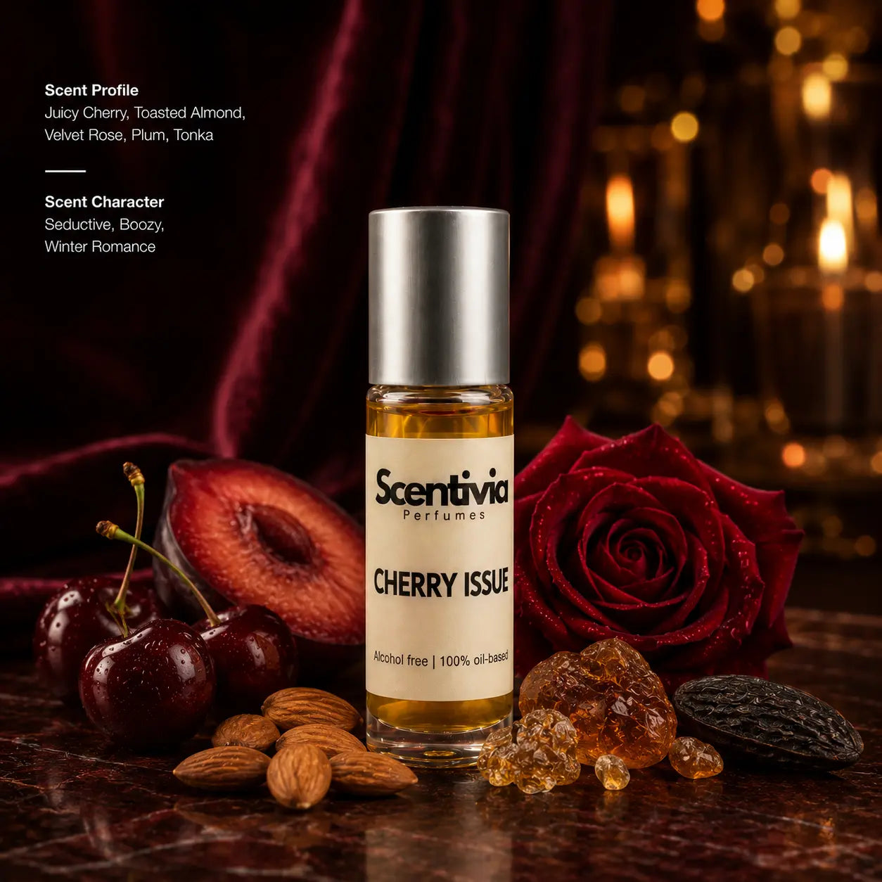 Cherry Issue Roll On bottle with cherries, plum, red rose, almonds and amber crystal accents. Scent Profile: Juicy Cherry, Toasted Almond, Velvet Rose, Plum, Tonka. Scent Character: Seductive, Boozy, Winter Romance