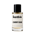 Scentivia perfume bottle, black cap, clear glass with amber liquid and Cherry Issue label