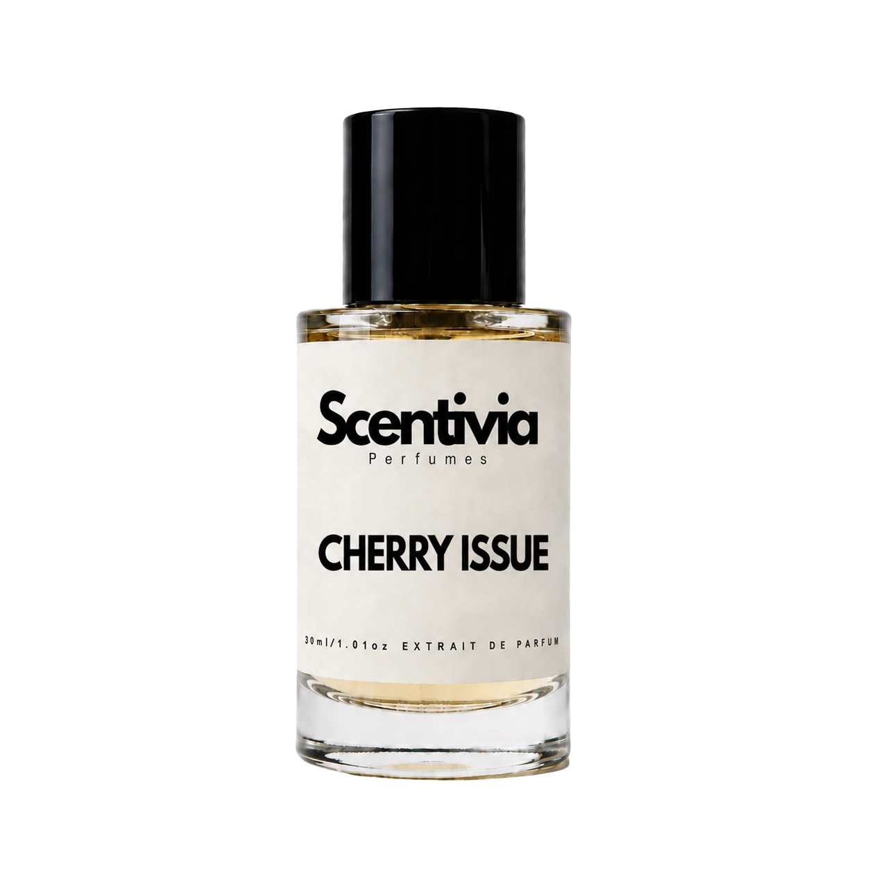 Scentivia perfume bottle, black cap, clear glass with amber liquid and Cherry Issue label