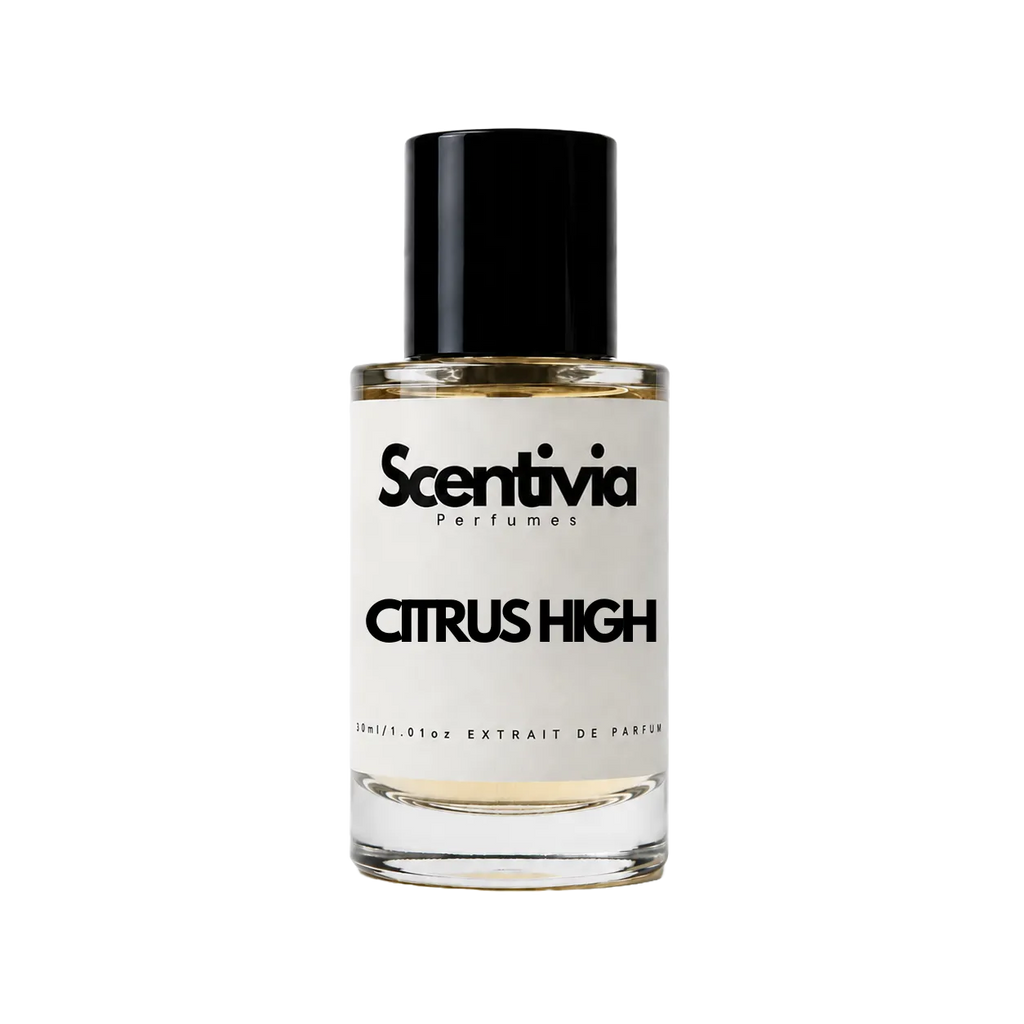 Scentvia perfume bottle with black cap, gold liquid, front label visible