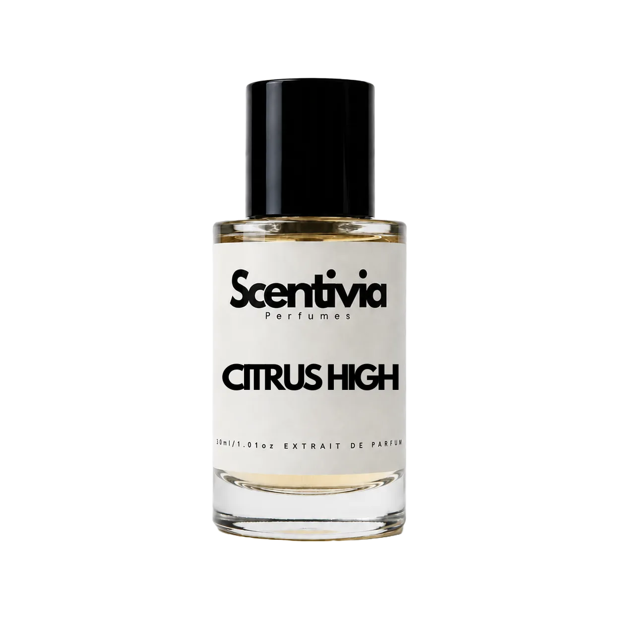 Scentvia perfume bottle with black cap, gold liquid, front label visible