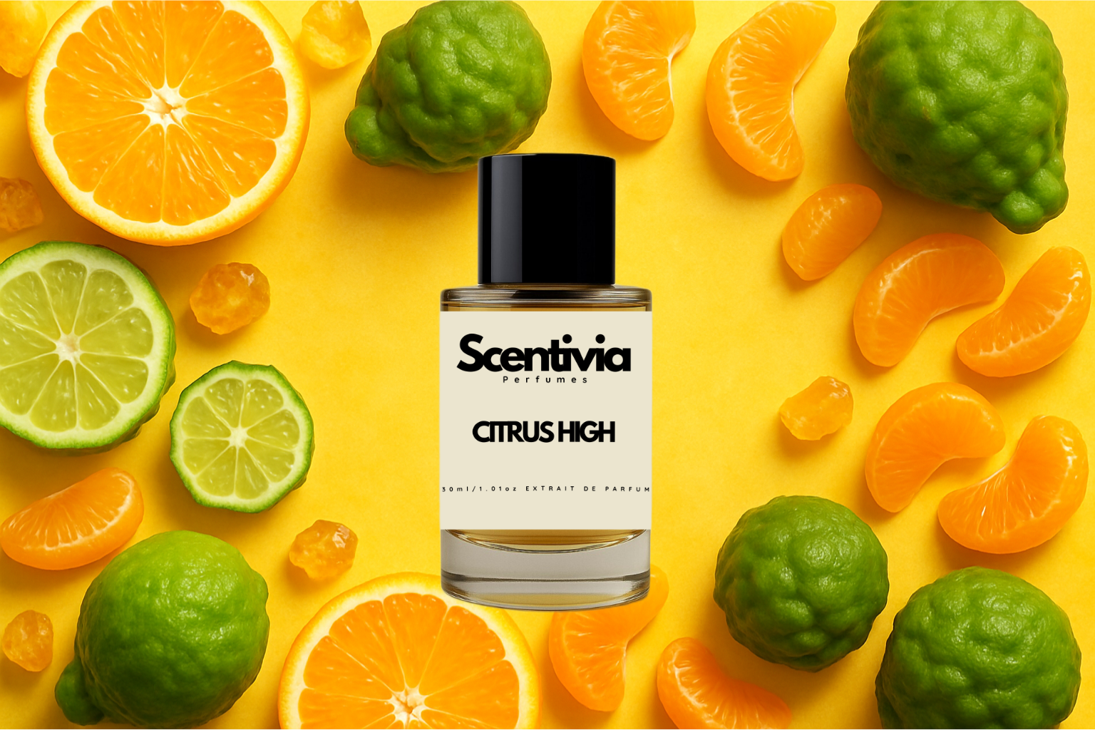 Scentivia Citrus High perfume bottle arranged flat on a bright yellow surface surrounded by halved and sliced oranges, lime slices, whole wrinkly green bergamot fruits, loose mandarin segments, and small golden resin pieces.