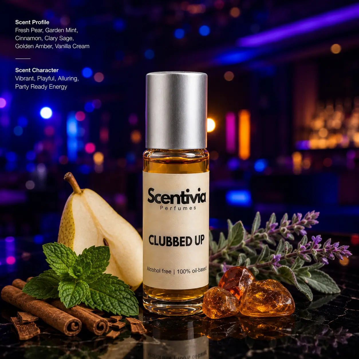 Clubbed Up roll on bottle with Pear, Mint, Cinnamon, Clary Sage and Amber crystals in vibrant nightlife setting. Character: Playful, Energetic