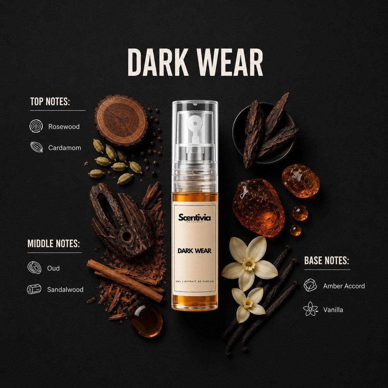Dark Wear 2ML perfume bottles by Scentivia Perfumes with rosewood, cardamom, oud, sandalwood, amber accord and vanilla