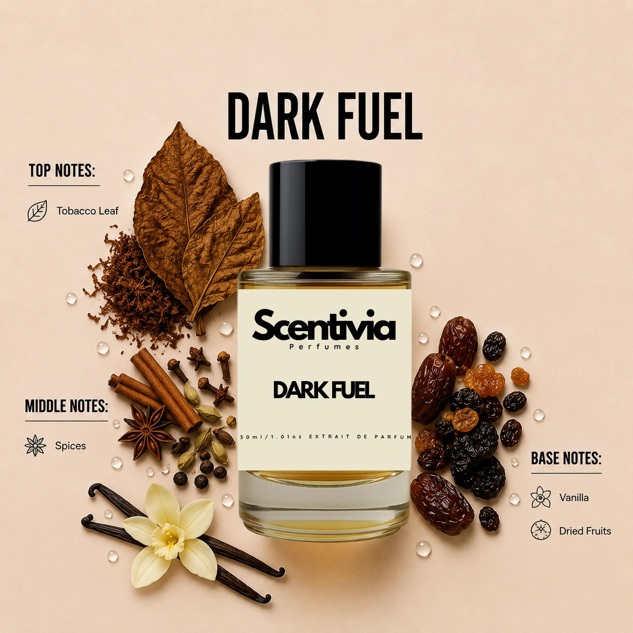 Scentivia Dark Fuel perfume breakdown showing top, middle, and base notes including tobacco leaf, spices, vanilla, and dried fruits around the bottle.