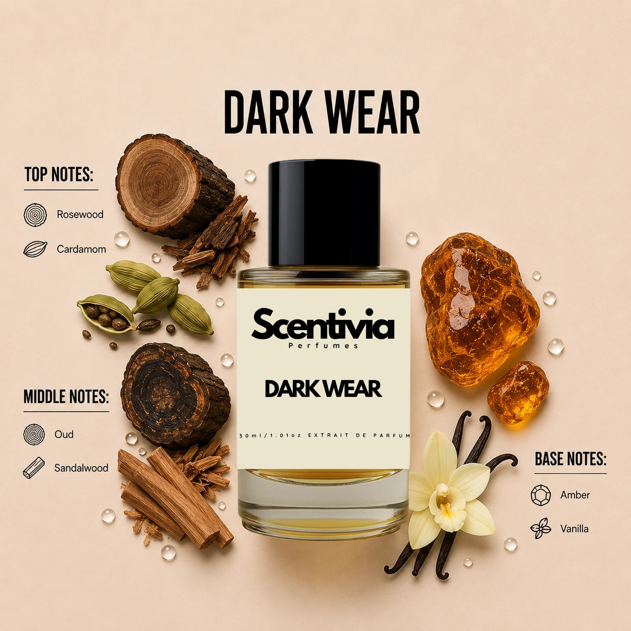 Scentivia Dark Wear perfume breakdown showing top, middle, and base notes including rosewood, cardamom, oud, sandalwood, amber, and vanilla around the bottle.