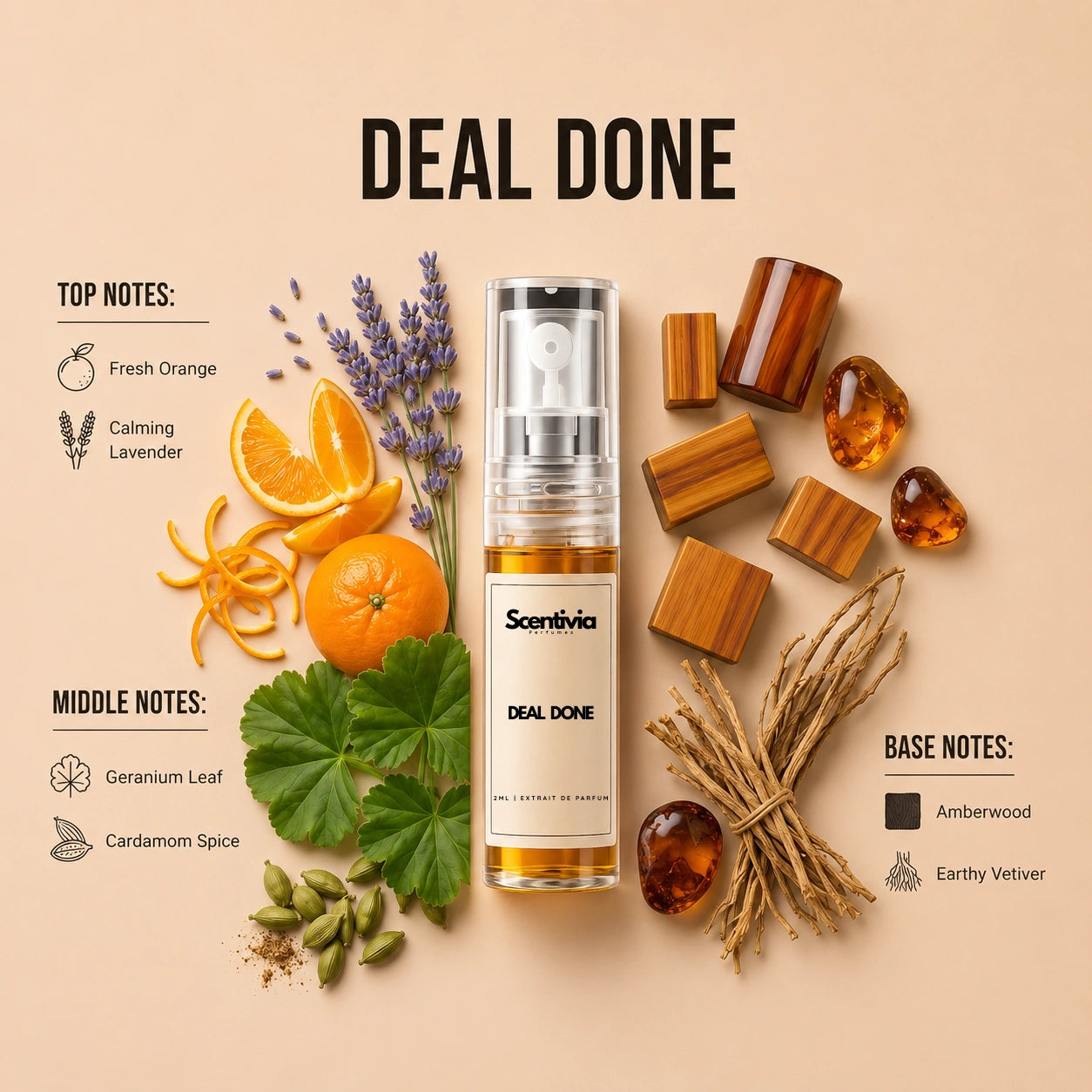 Deal Done 2ML perfume bottle by Scentivia Perfumes with fresh orange, lavender, geranium leaf, cardamom, amberwood and vetiver