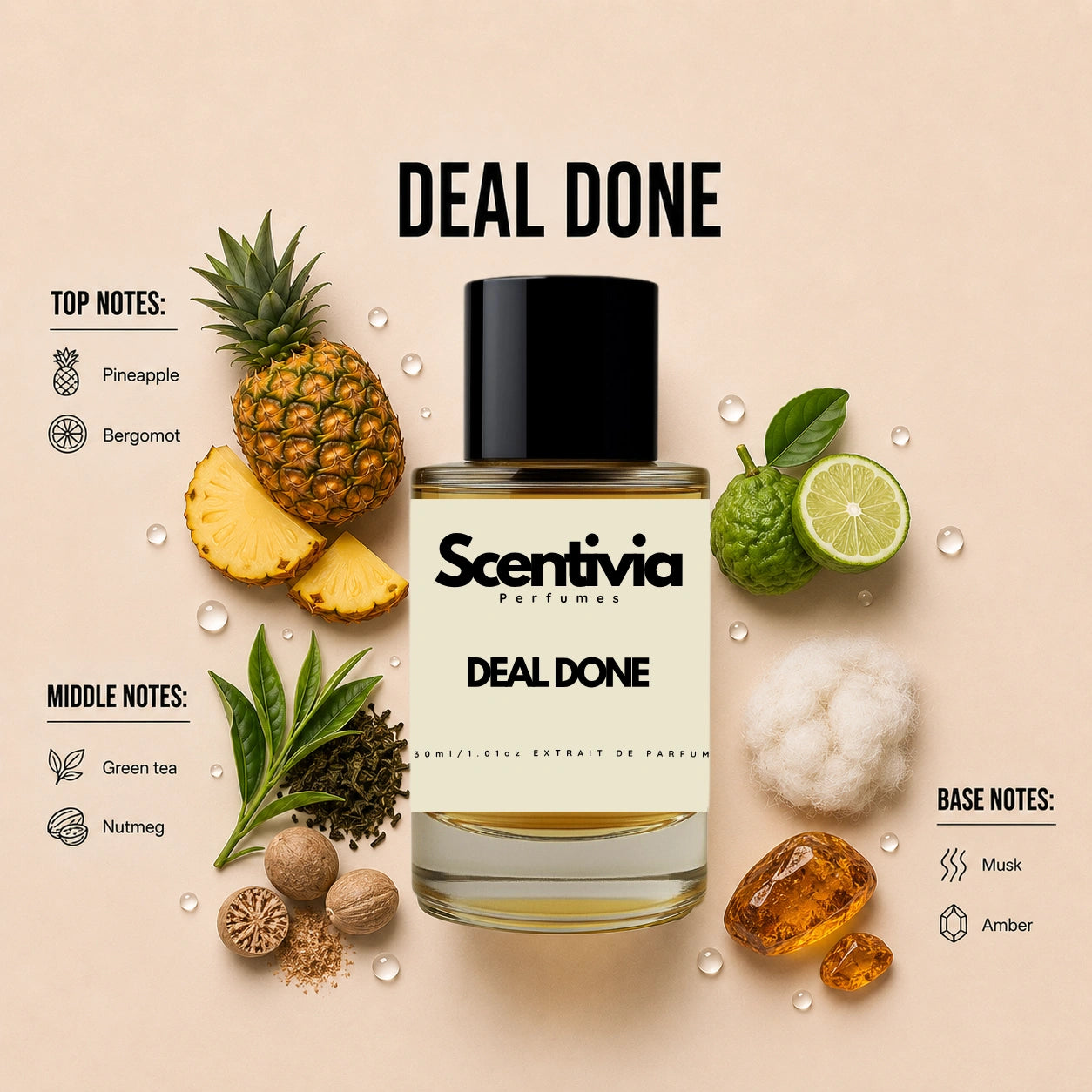 Scentivia Deal Done perfume breakdown showing top, middle, and base notes including pineapple, bergamot, green tea, nutmeg, musk, and amber around the bottle.
