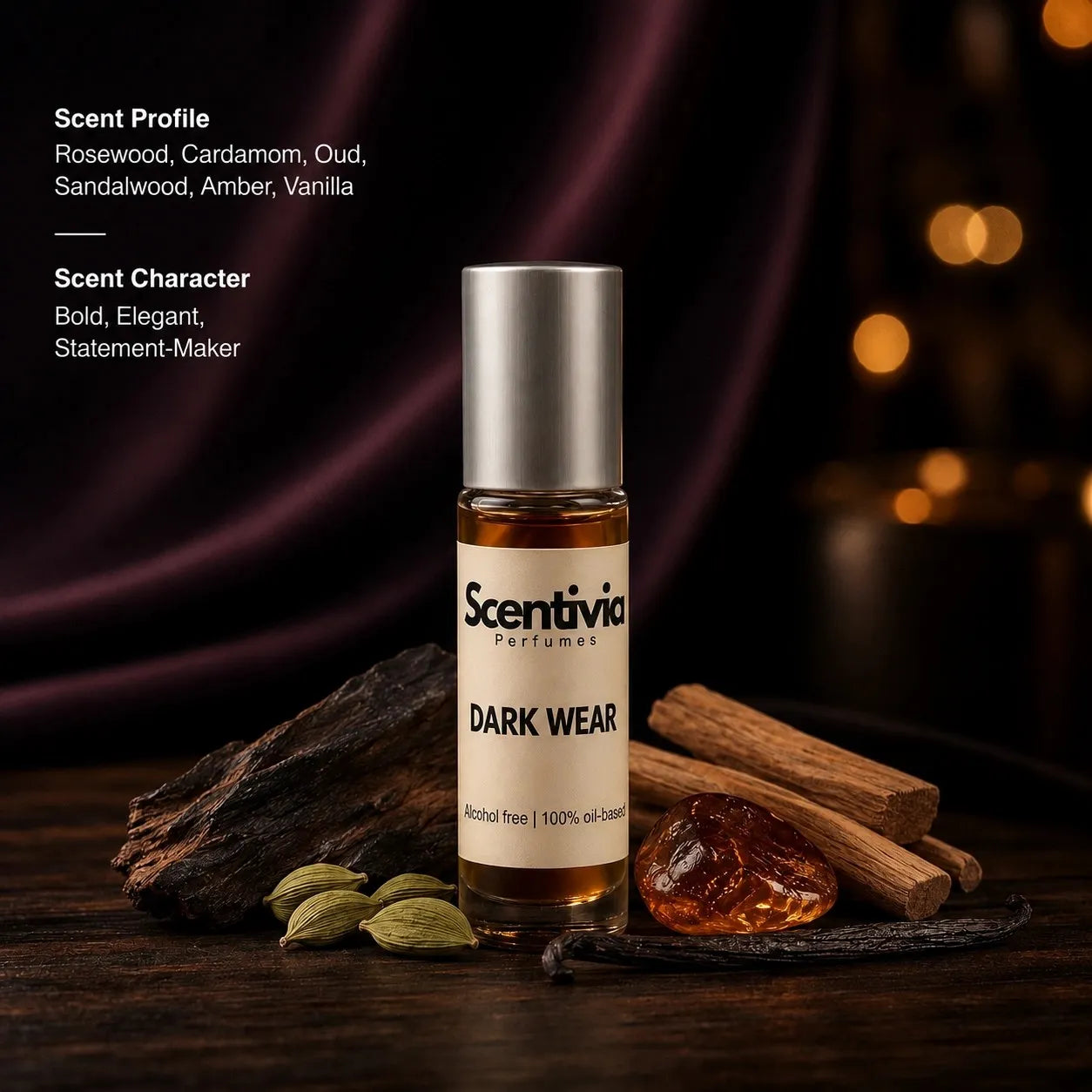 Dark Wear roll on bottle with Rosewood, Cardamom, Oud, Sandalwood, Amber and Vanilla in bold luxurious setting. Character: Bold, Elegant
