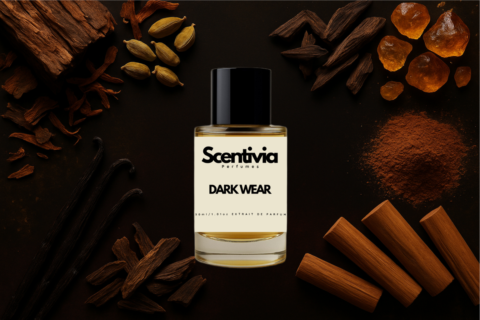 Scentivia Dark Wear perfume bottle arranged flat on a dark brown surface surrounded by rough wood bark, whole green cardamom pods, dark oud wood chips, golden amber pieces, a pile of cocoa or spice powder, cinnamon sticks, loose wood shards, and whole vanilla beans.